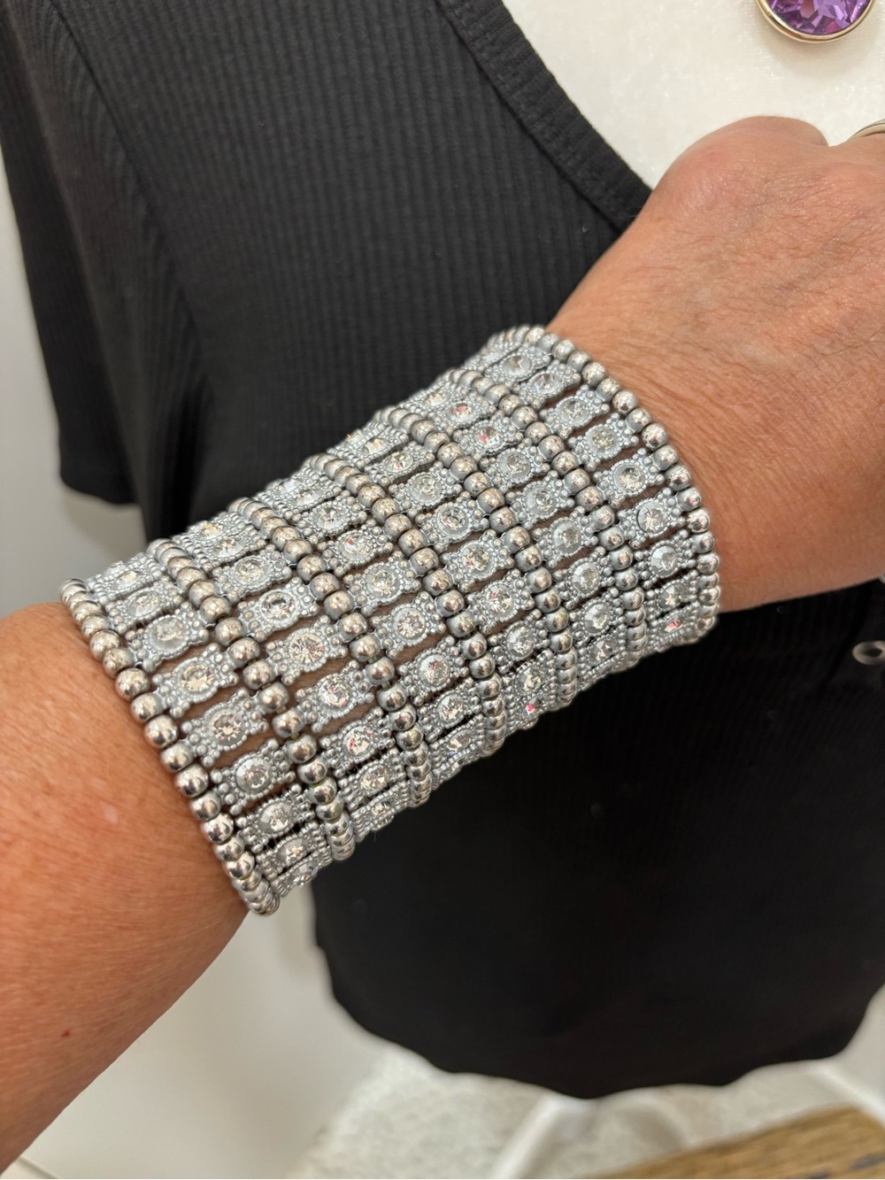Silver Multi-Row Beaded Crystal Cuff Bracelet